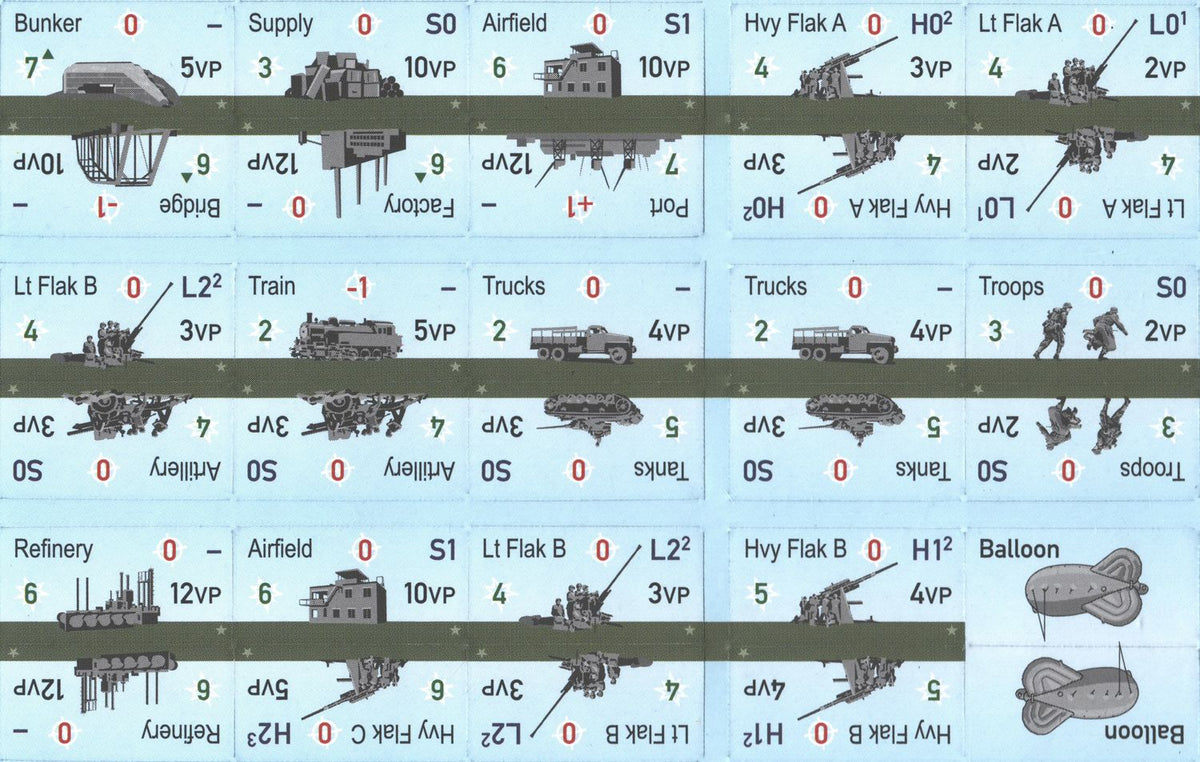 Close-up of trucks and troops counters and formation cards laid out for play