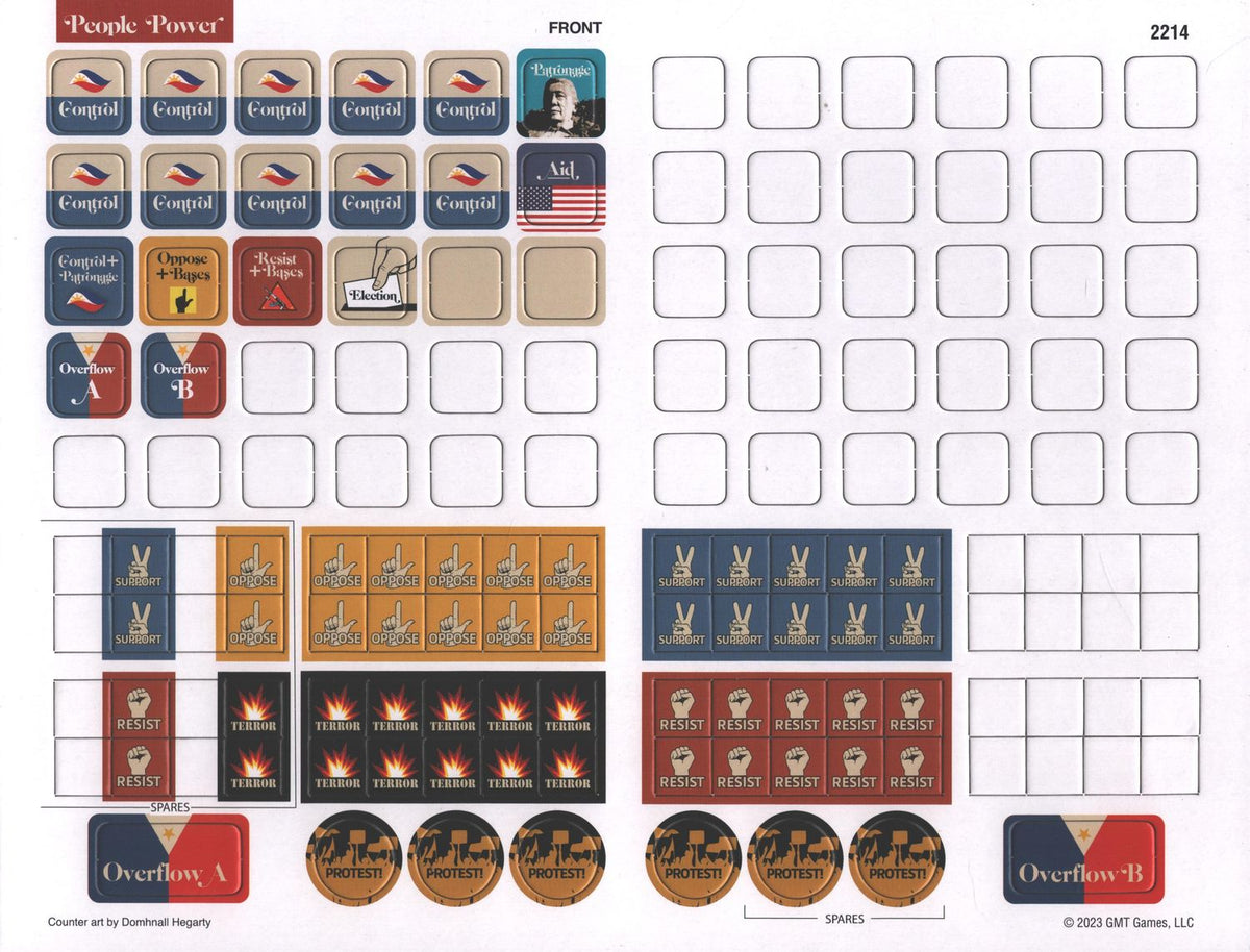 Close-up of People Power cards and player aids during setup