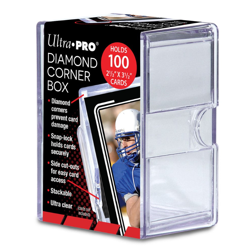 A clear Ultra Pro Diamond Corner Card Storage Box for 100 cards, with a label highlighting features and a football player card shown within