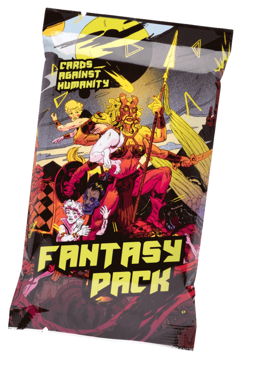 Cards Against Humanity Fantasy Pack expansion with comic book style artwork featuring mythical creatures and characters