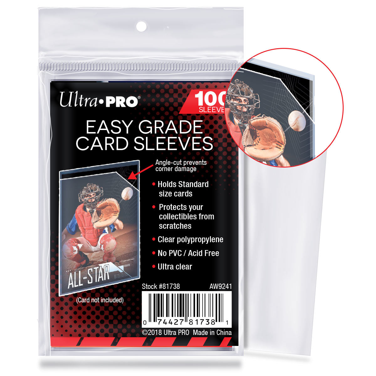 Ultra PRO Easy Grade Card Sleeves (100-count) in clear packaging, featuring an angled corner design