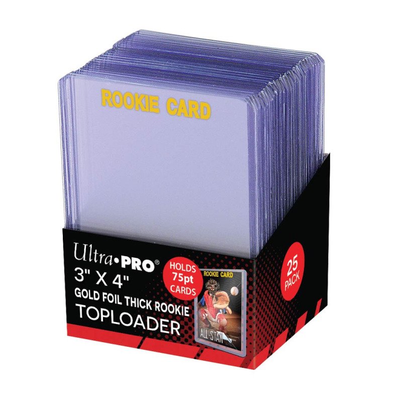 A 25-pack box of Ultra Pro &quot;Rookie Card&quot; clear plastic toploaders for protecting collectible trading cards