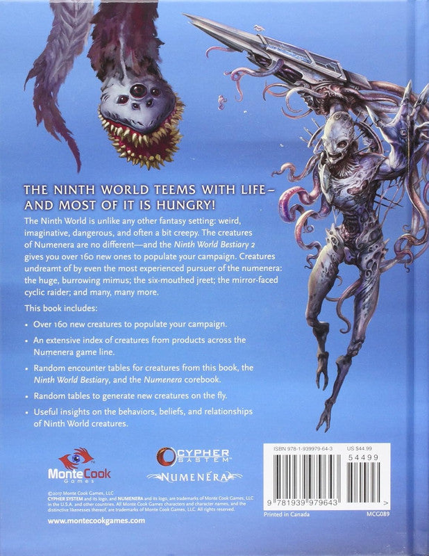 Numenera Ninth World Bestiary 2 book back cover: A multi-eyed fanged worm and a pale, tentacled monster with a weapon