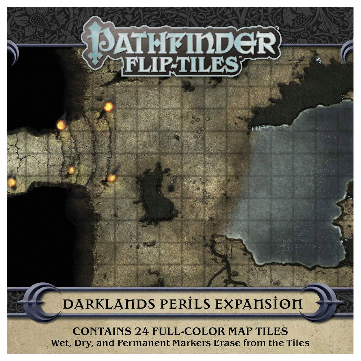 Pathfinder Flip-Tiles Darklands Perils Expansion. Modular grid map showing dark caverns with torches and a lake.