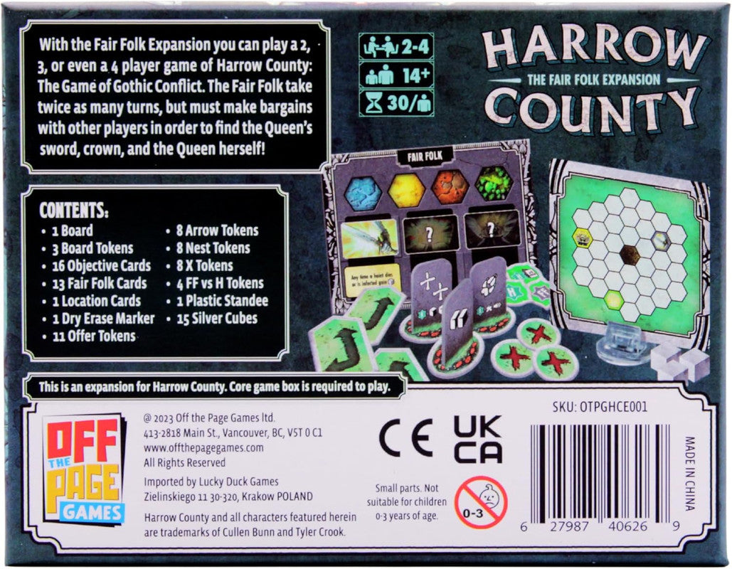 Back of Harrow County: Fair Folk Expansion board game box. Displays game components, contents list, and gameplay details