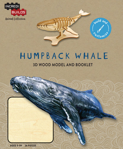 IncrediBuilds Animal Collection Humpback Whale 3D wood model and booklet kit with 26 pieces
