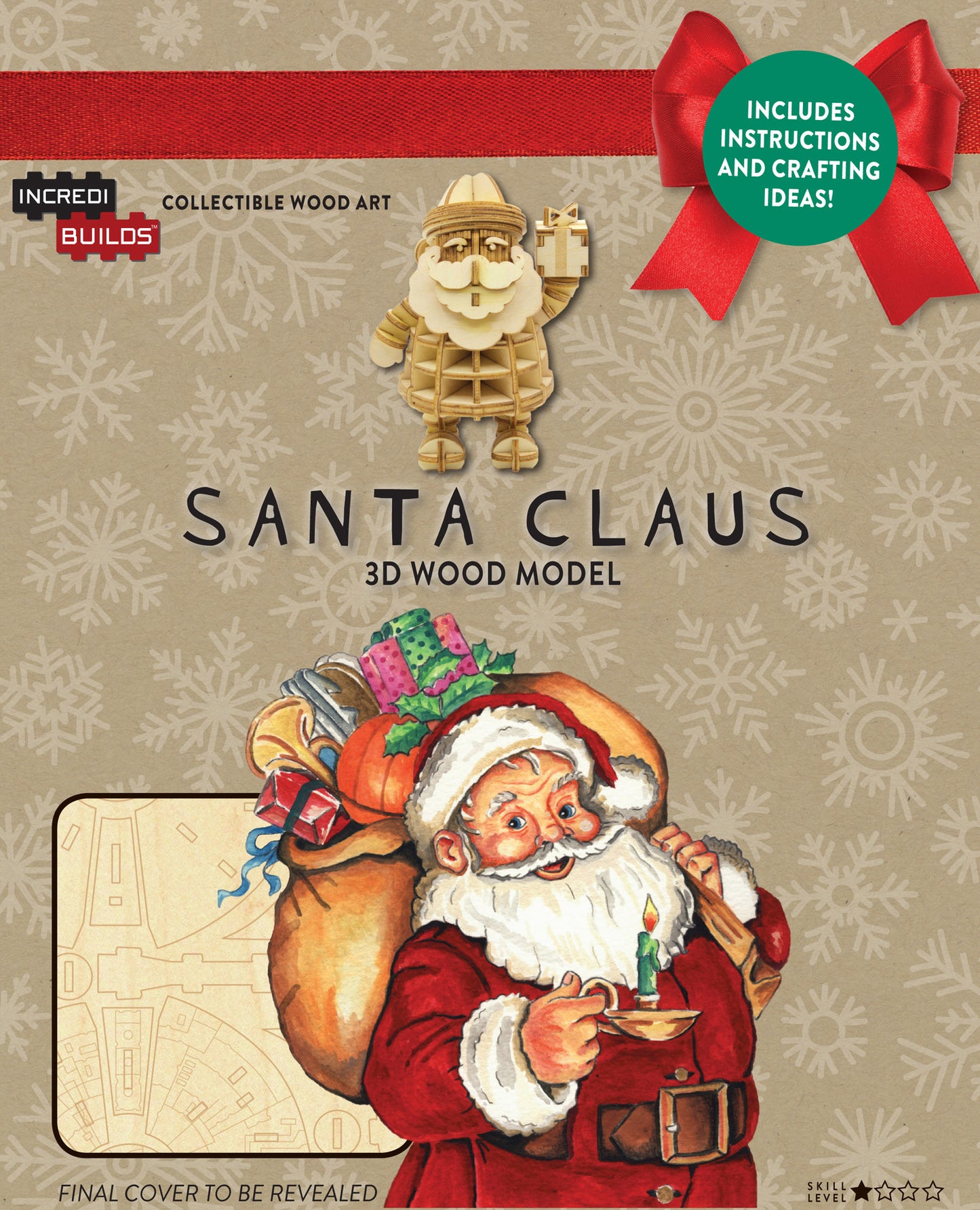 IncrediBuilds Collectible Wood Art Santa Claus 3D wood model kit, including instructions and crafting ideas