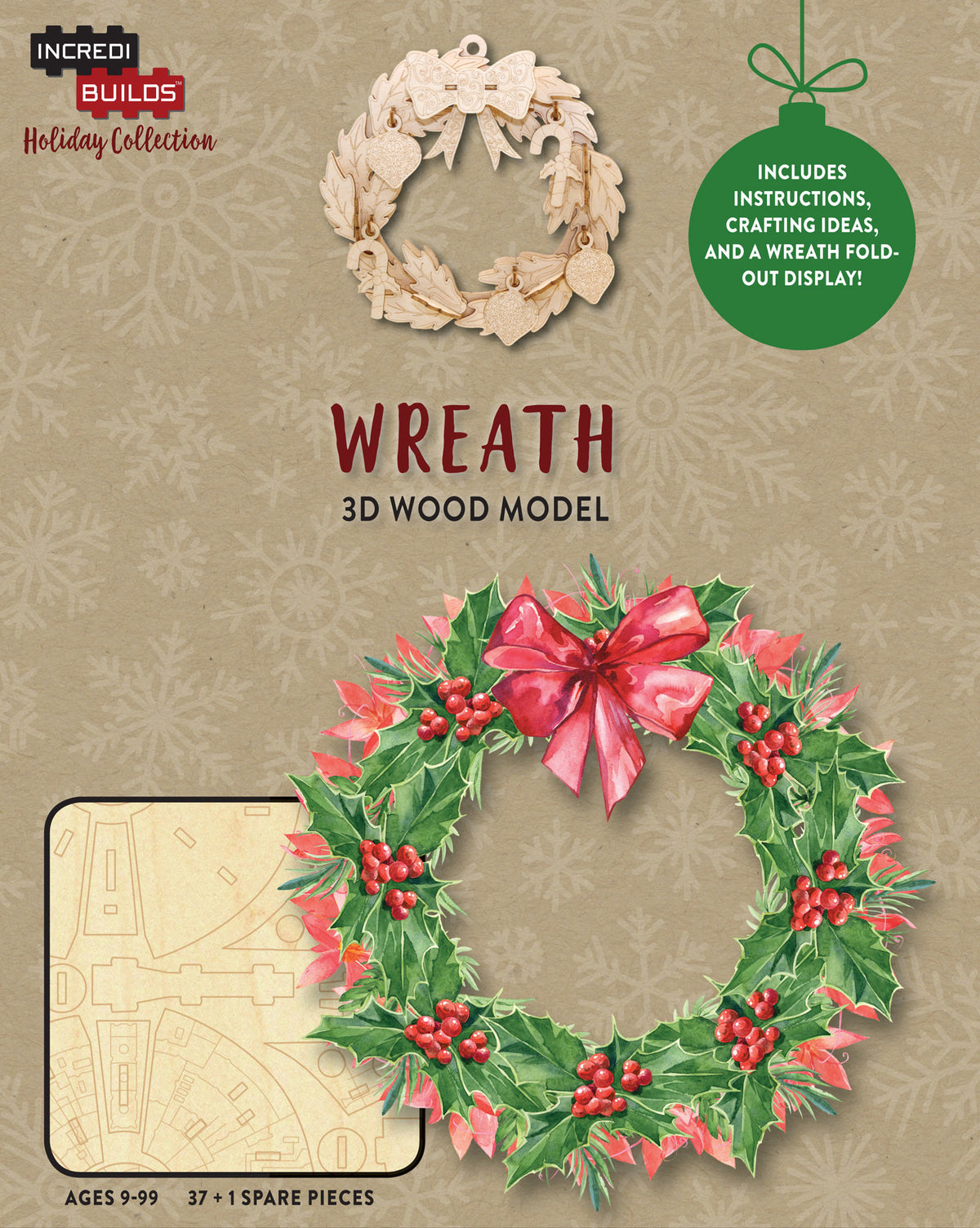 IncrediBuilds Holiday Collection wooden wreath kit with heart and candy cane-shaped ornaments