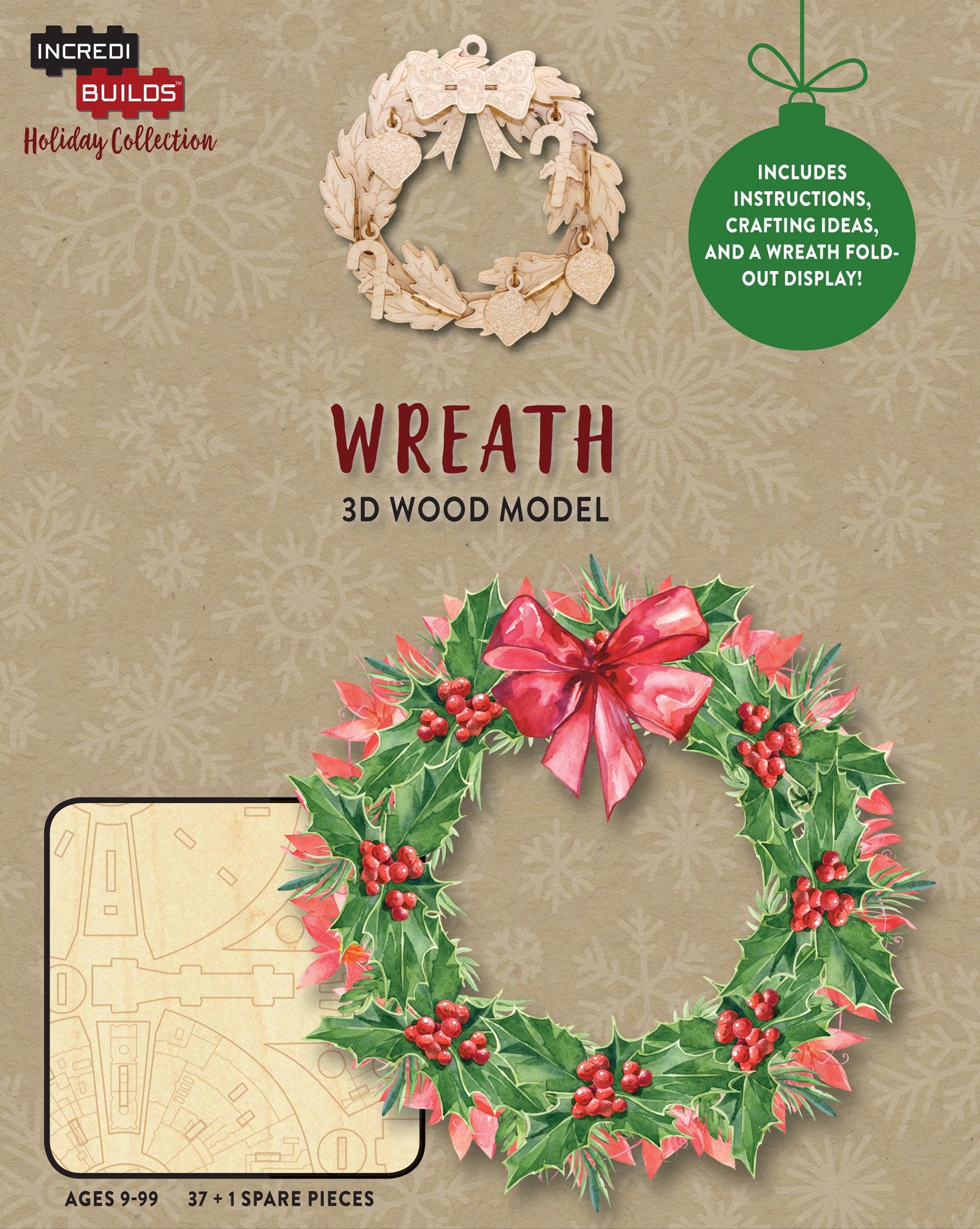 IncrediBuilds Holiday Collection wooden wreath kit with heart and candy cane-shaped ornaments