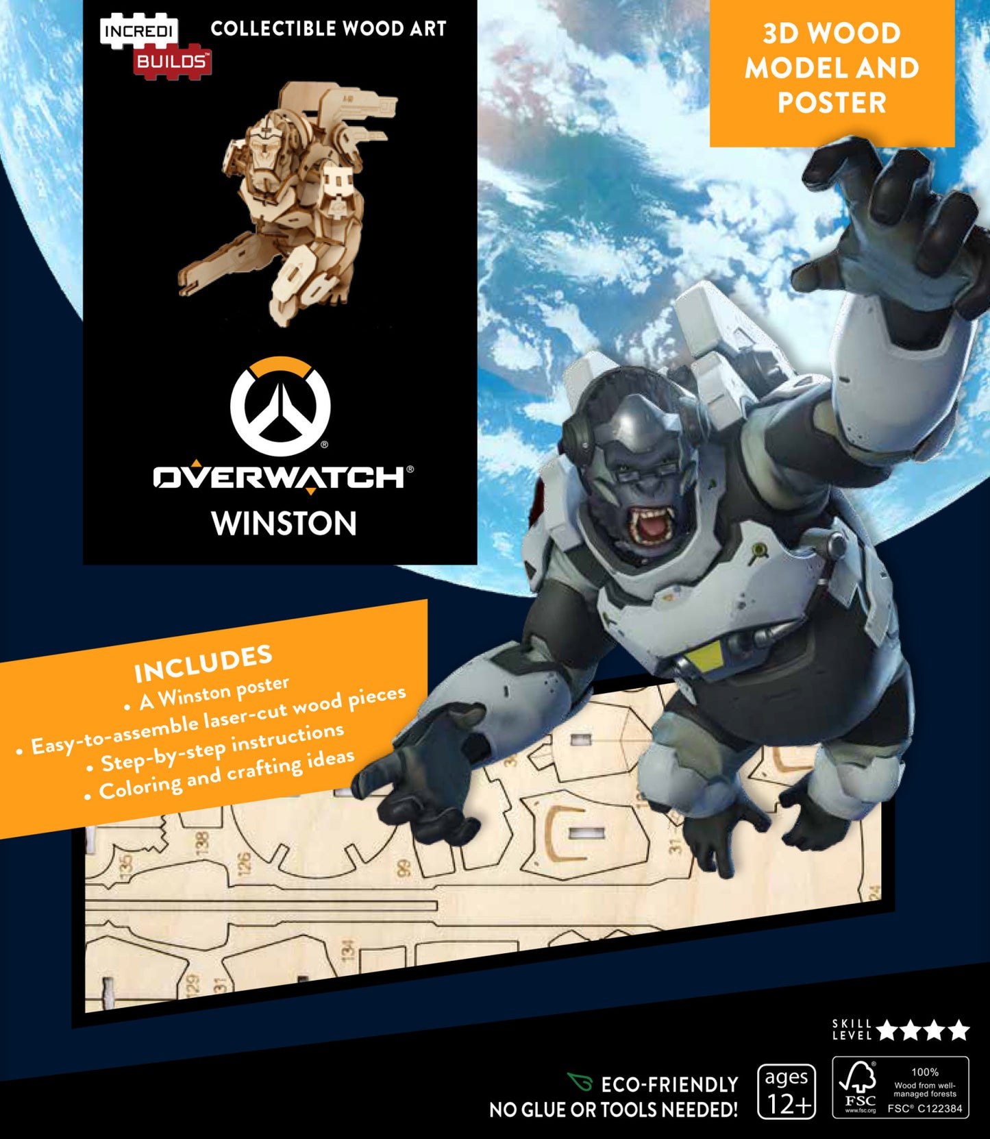 IncrediBuilds Overwatch Winston 3D wood model and poster kit with assembly instructions and crafting ideas