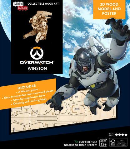 IncrediBuilds Overwatch Winston 3D wood model and poster kit with assembly instructions and crafting ideas