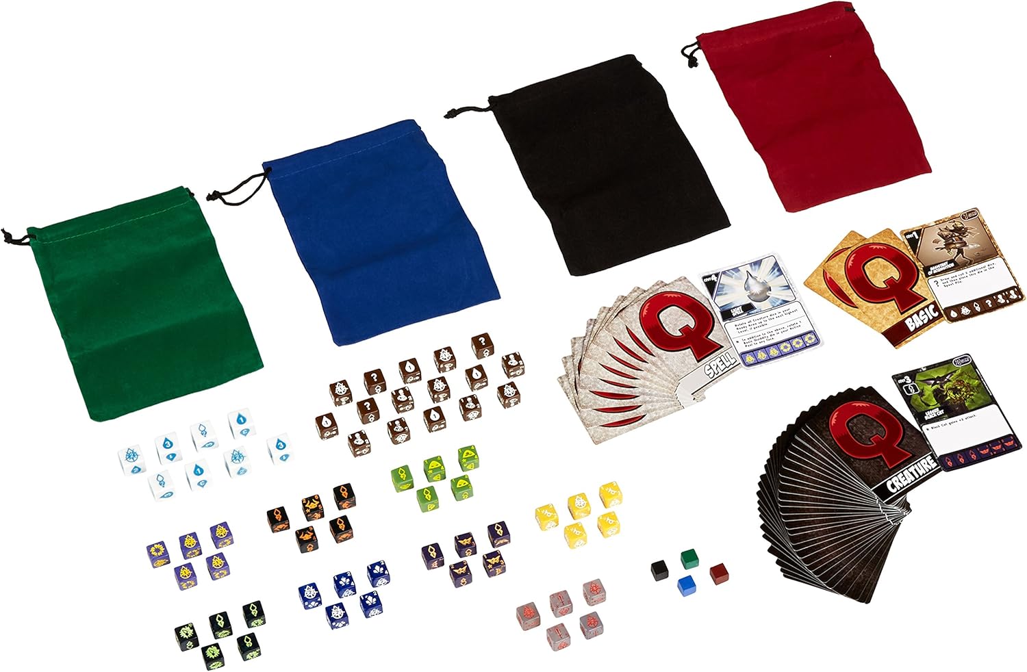 Quarriors! Light vs Dark dice building game components: Four colored bags, stacks of Q-logo cards, and various groups of custom dice and tokens
