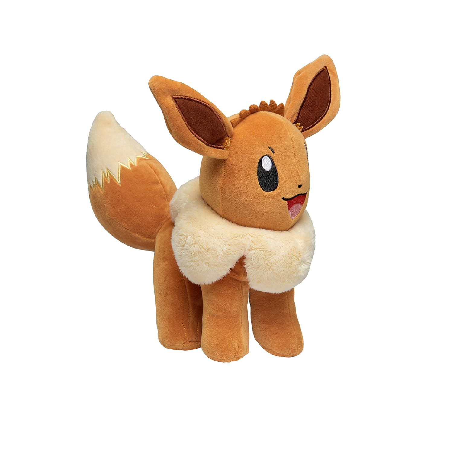 Brown Eevee Pokemon plush toy standing with a fluffy cream ruff and tail against a white background