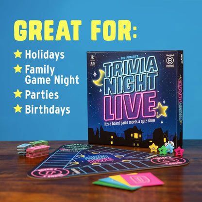 Box and components for the "Trivia Night Live" board game, advertised for game night, parties, and holidays