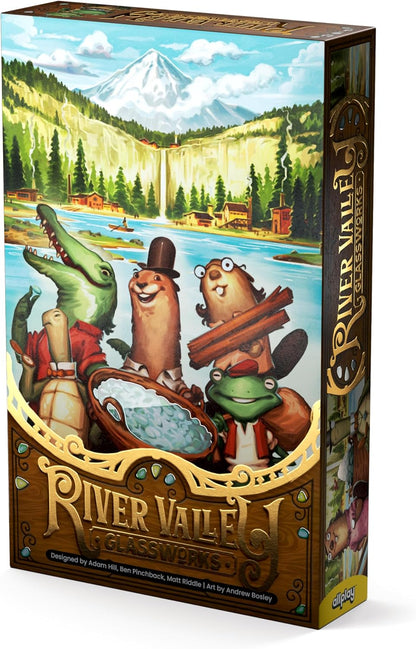 Game box art for River Valley Glassworks. Four cartoon animals transporting resources (glass, wood) near a waterfall