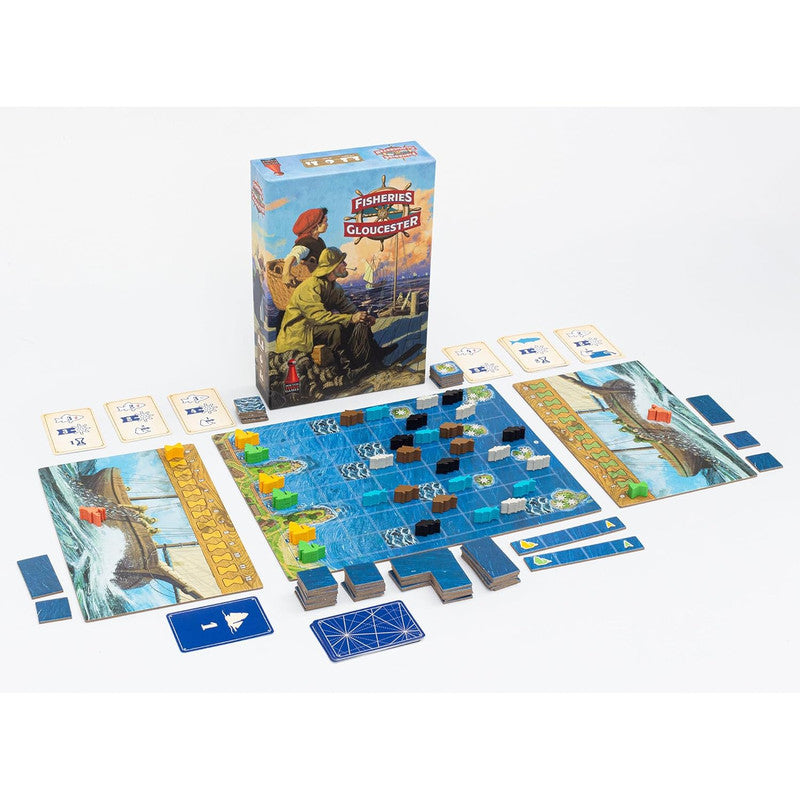 Fisheries of Gloucester board game laid out, showing its box, a blue ocean-themed board with colourful tokens, and cards