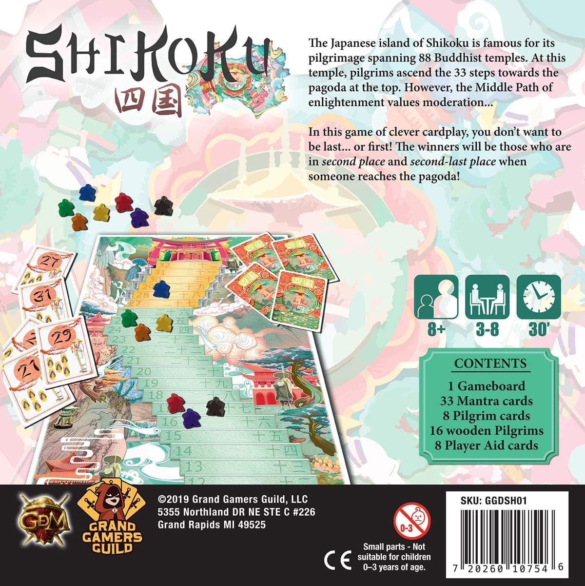 Shikoku board game with pilgrim pawns on a temple path to a pagoda, surrounded by game cards
