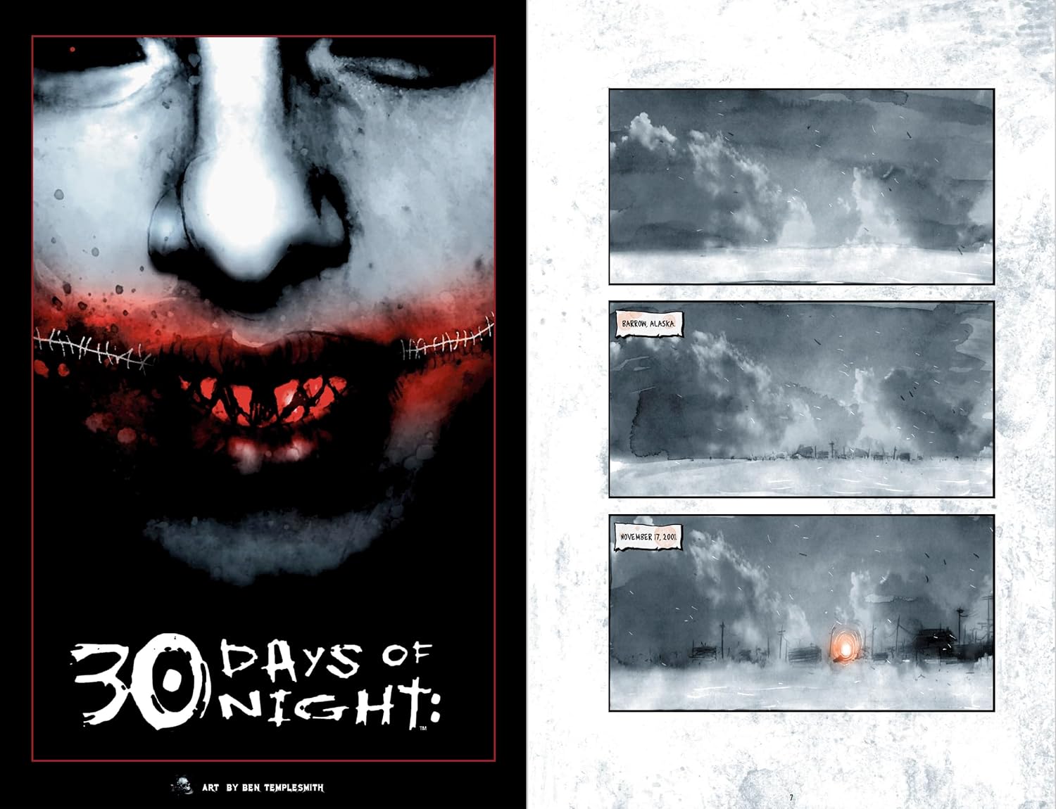 A pale -  monstrous face with a bloody -  stitched mouth for '30 Days of Night'