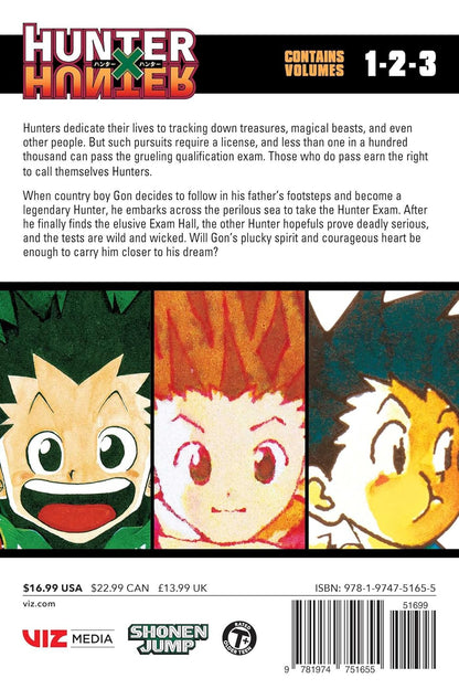 Manga back cover: Hunter x Hunter Volumes 1-3 - title -  synopsis -  and three dynamic illustrations of protagonist Gon