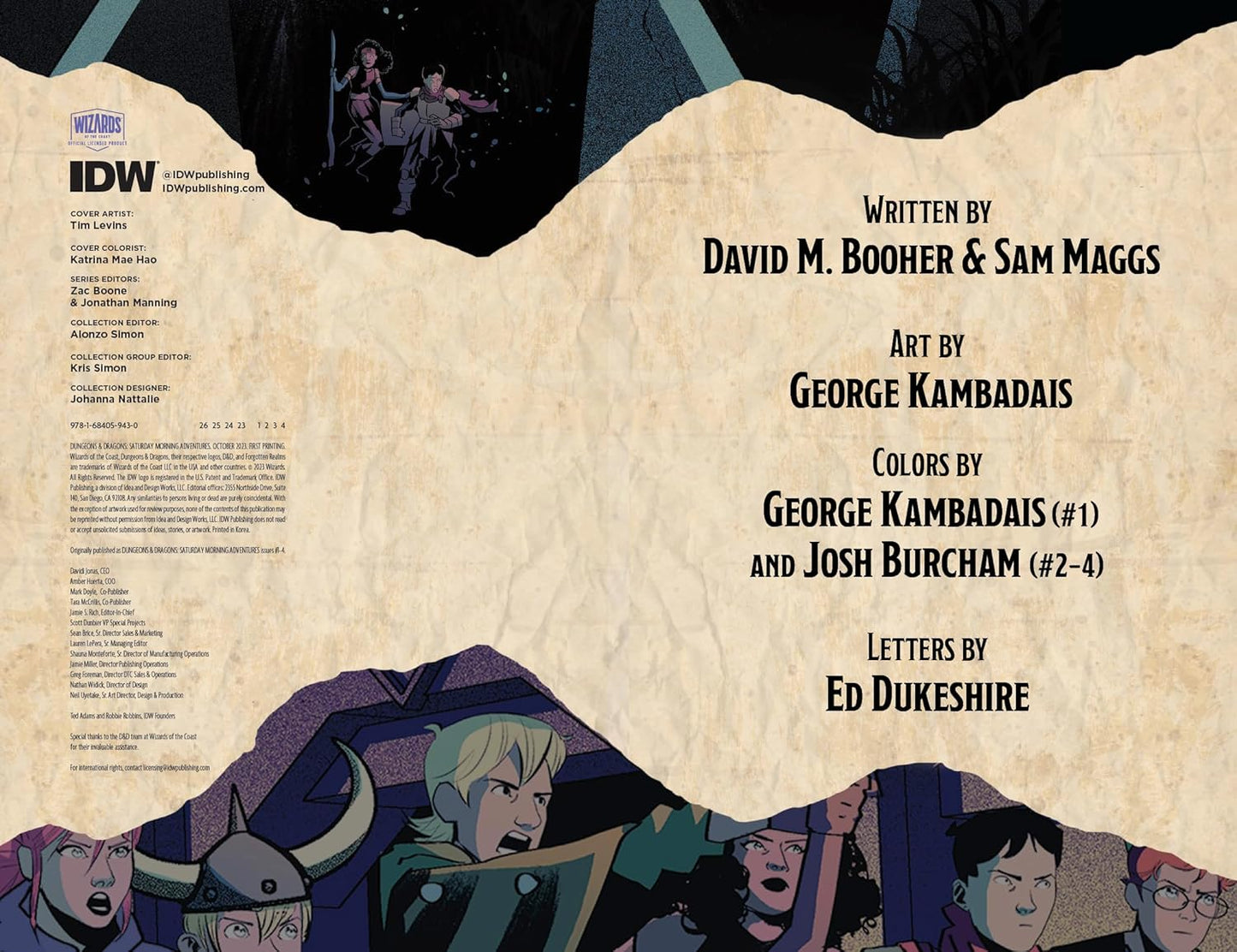 Comic book credits page with artwork: two active figures above, four characters looking up in concern below