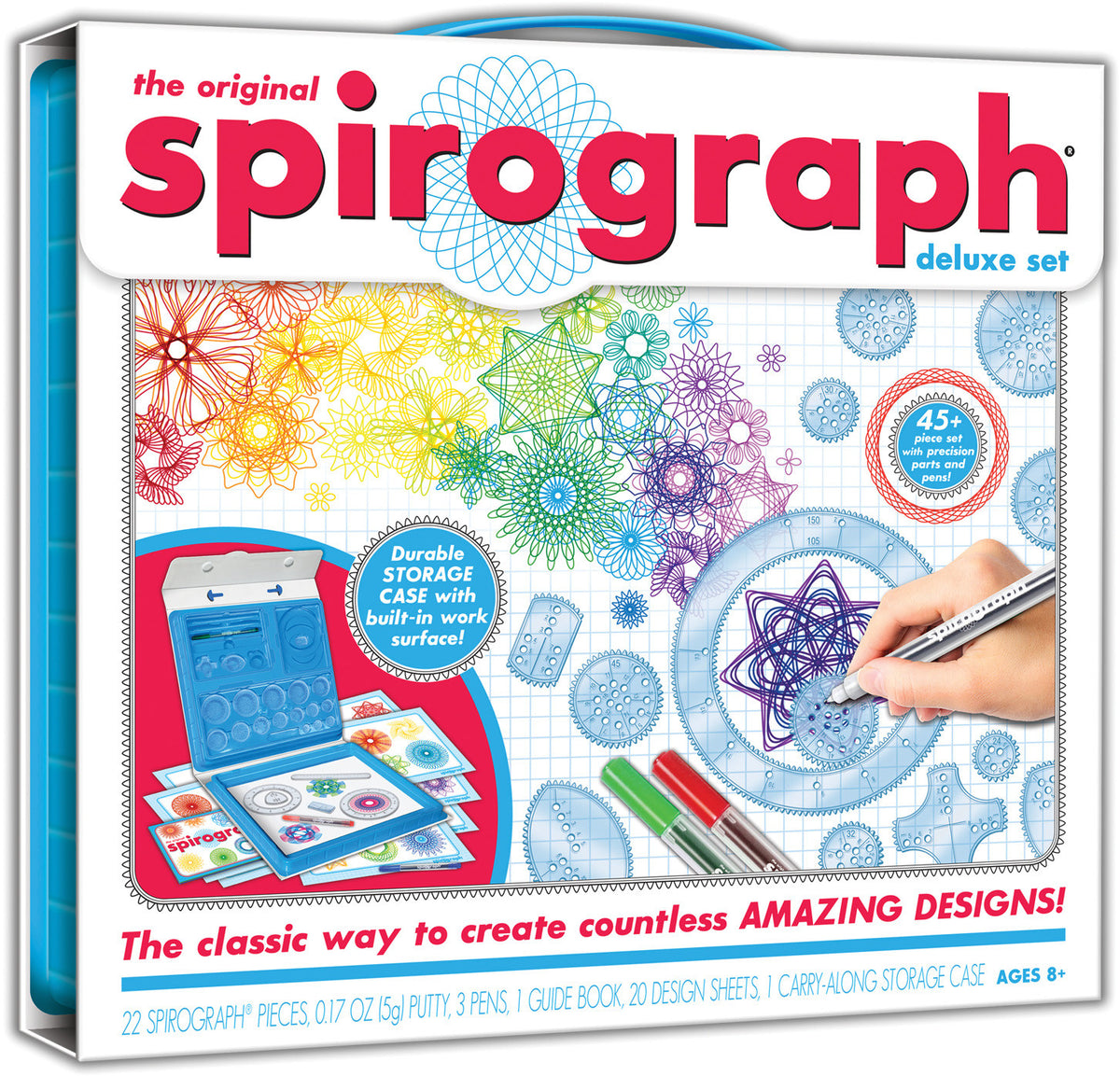 Spirograph Deluxe Set with 45 pieces including a durable storage case with built-in work surface pens and design sheets creating colorful geometric patterns