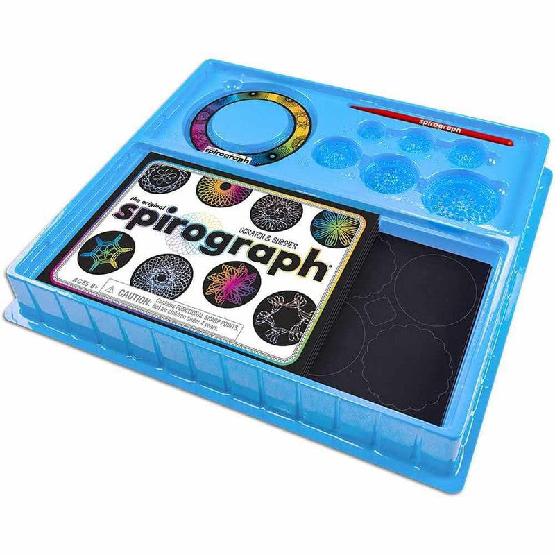 The Original Spirograph Scratch and Shimmer set in a blue plastic case showing design wheels and scratch paper
