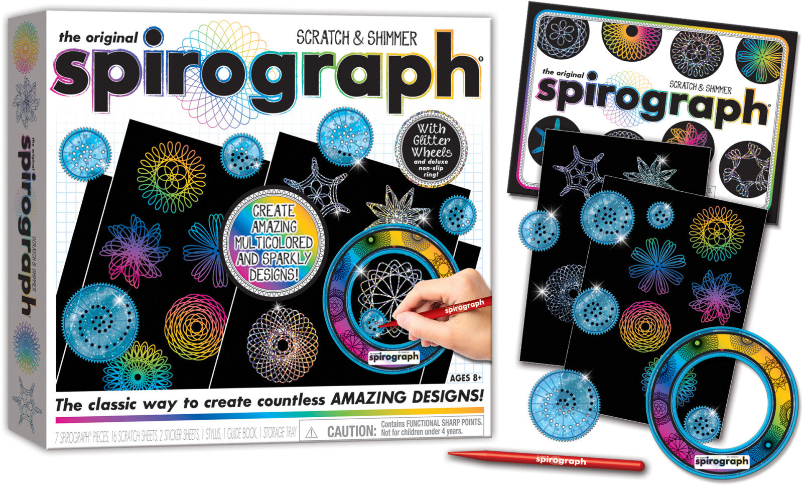 Spirograph Scratch and Shimmer Drawing Kit packaging from front with supplied tools
