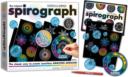 Spirograph Scratch and Shimmer Drawing Kit packaging from front with supplied tools