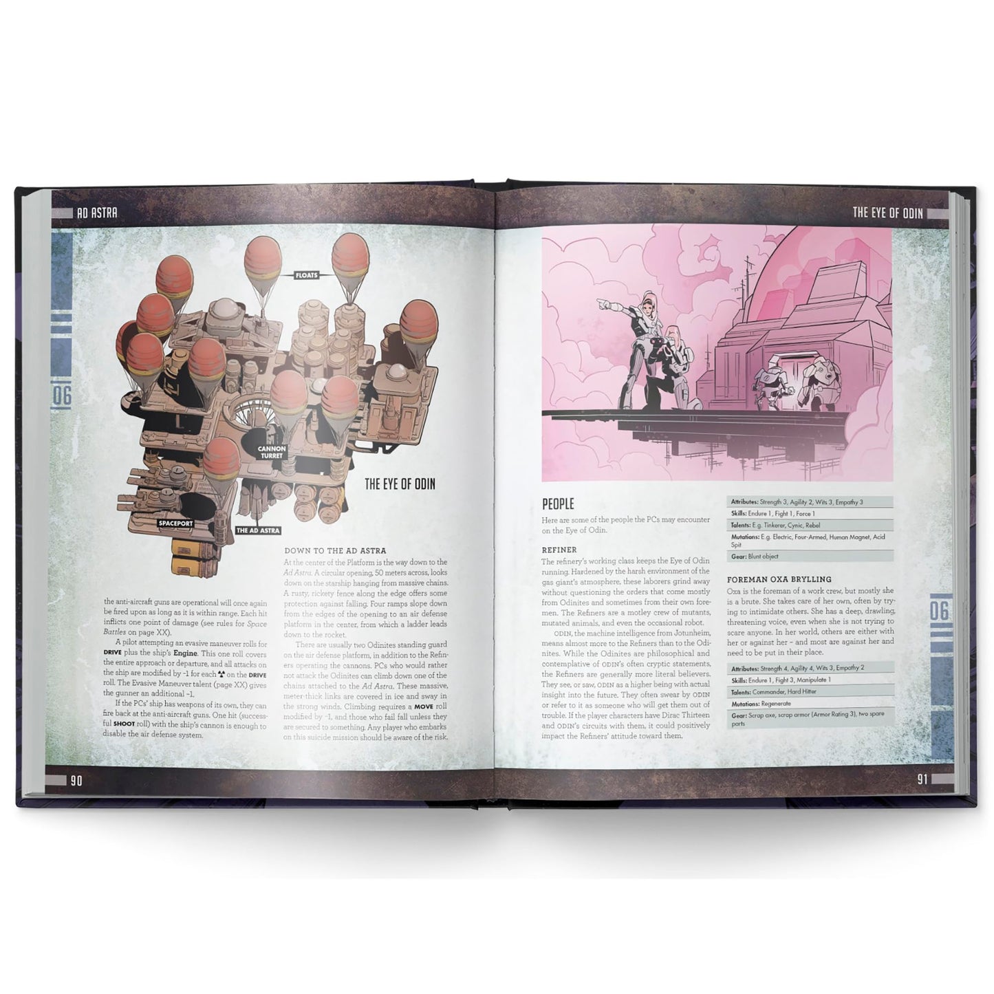 Open sci-fi RPG book. Left: a floating industrial station with balloons. Right: armored figures, one pointing, on a pink alien world