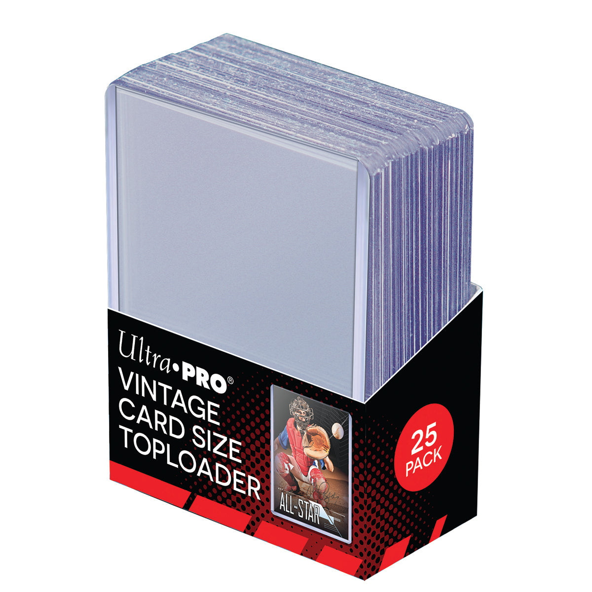 A stack of 25 clear Ultra-Pro Vintage Card Size Toploaders in a black and red display box