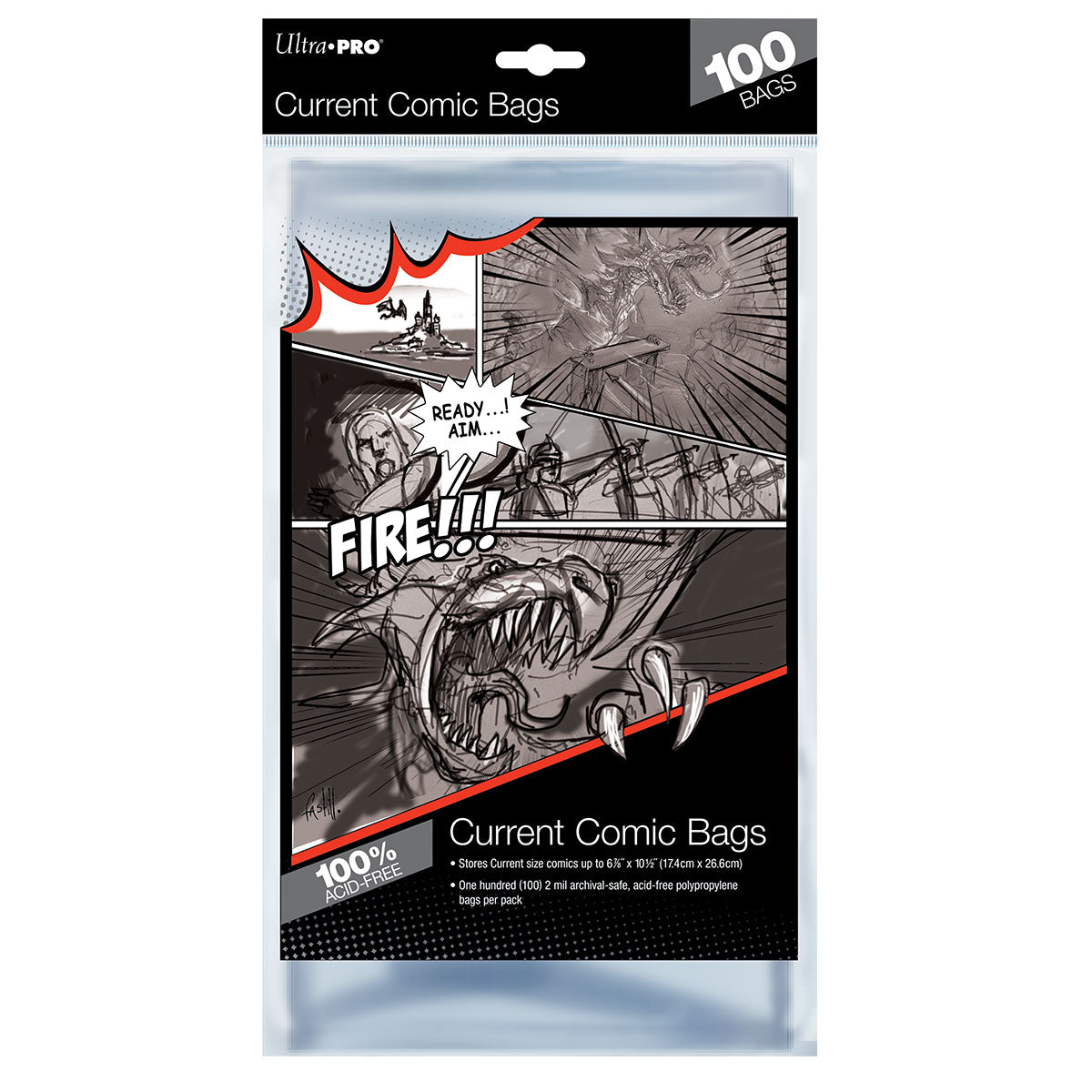 Ultra Pro Current Comic Bags, 100-count, featuring black and white comic art of a dragon battle