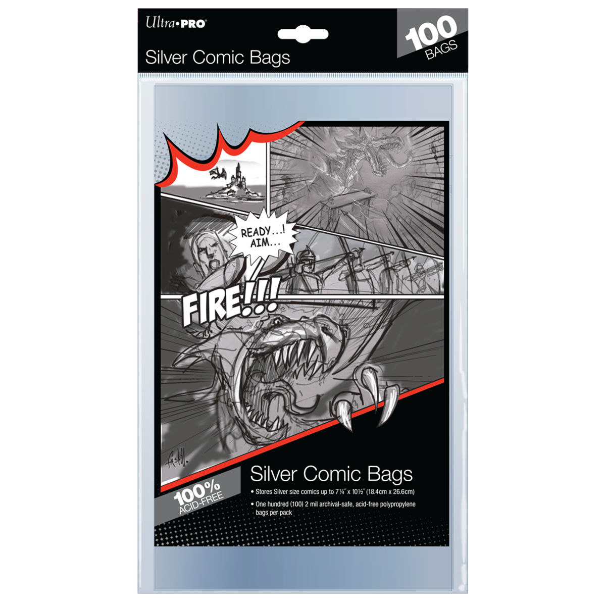 Packaging for Silver Comic Bags with a grayscale comic book illustration of a dragon and archers, ready to fire