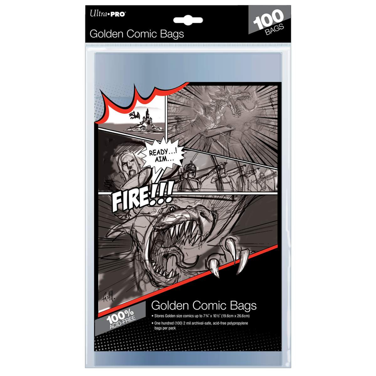 Ultra Pro Golden Comic Bags in clear packaging, featuring grayscale comic art of a dragon, soldiers and 'Fire!!!' text, 100 bags