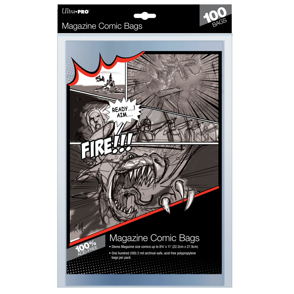 Ultra-PRO Magazine Comic Bags pack, with grayscale comic art of archers fighting a roaring dragon