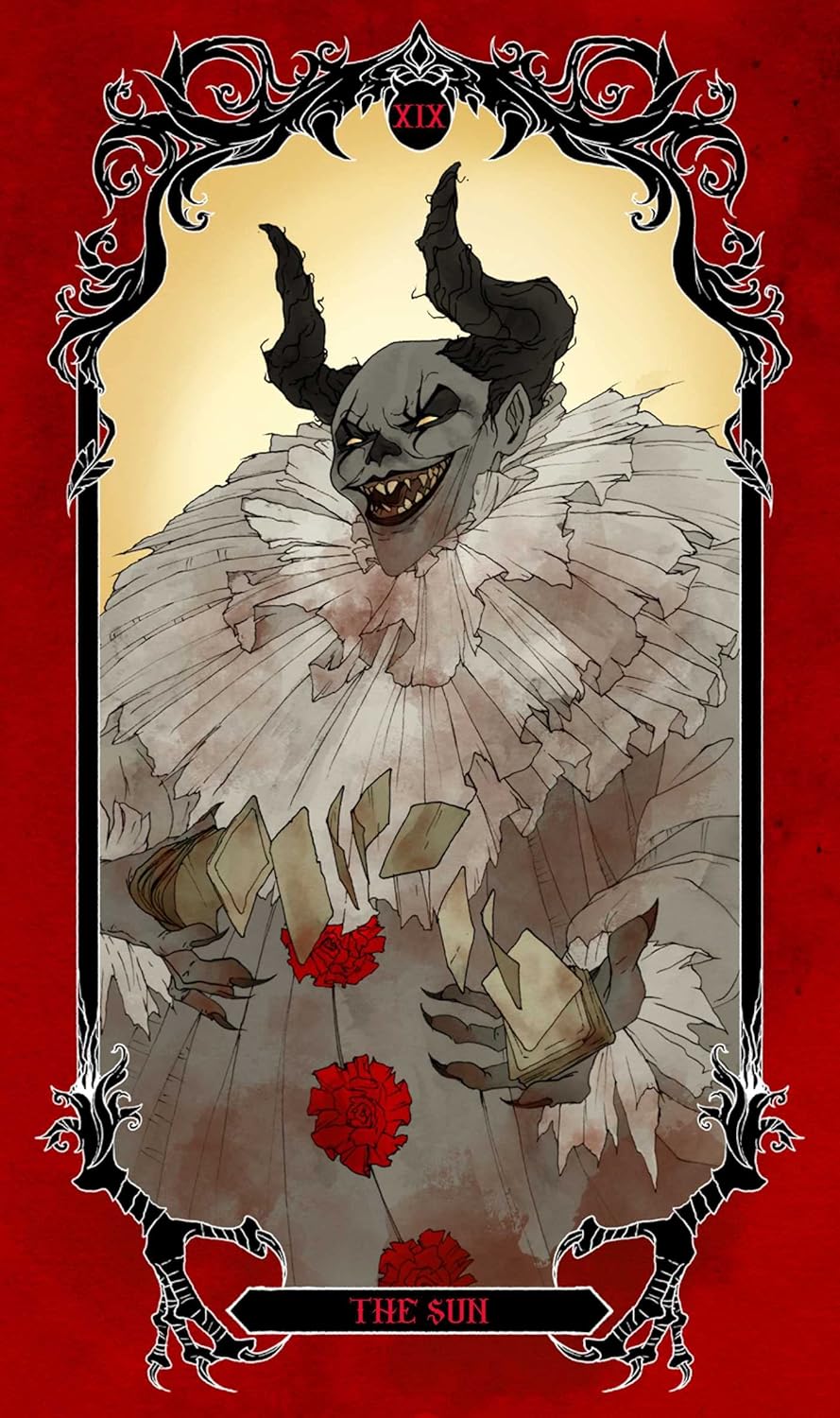 Tarot card The Sun (XIX): Grinning horned clown with sharp teeth, ruffled collar, tearing cards, with red roses. Ornate red frame