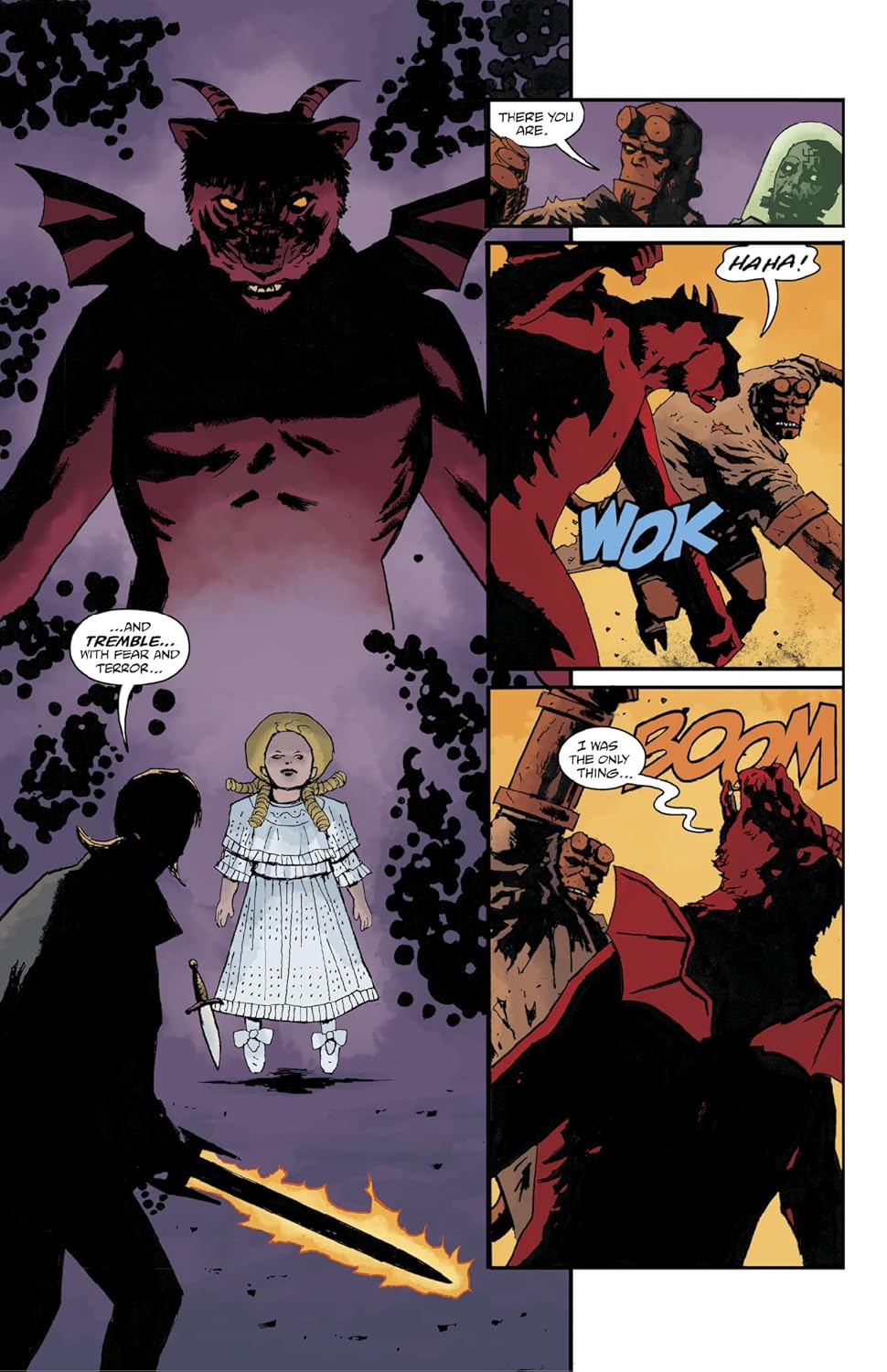 Hellboy fights a large red horned demon with bat wings -  a shadowy figure wields a flaming sword near a creepy doll