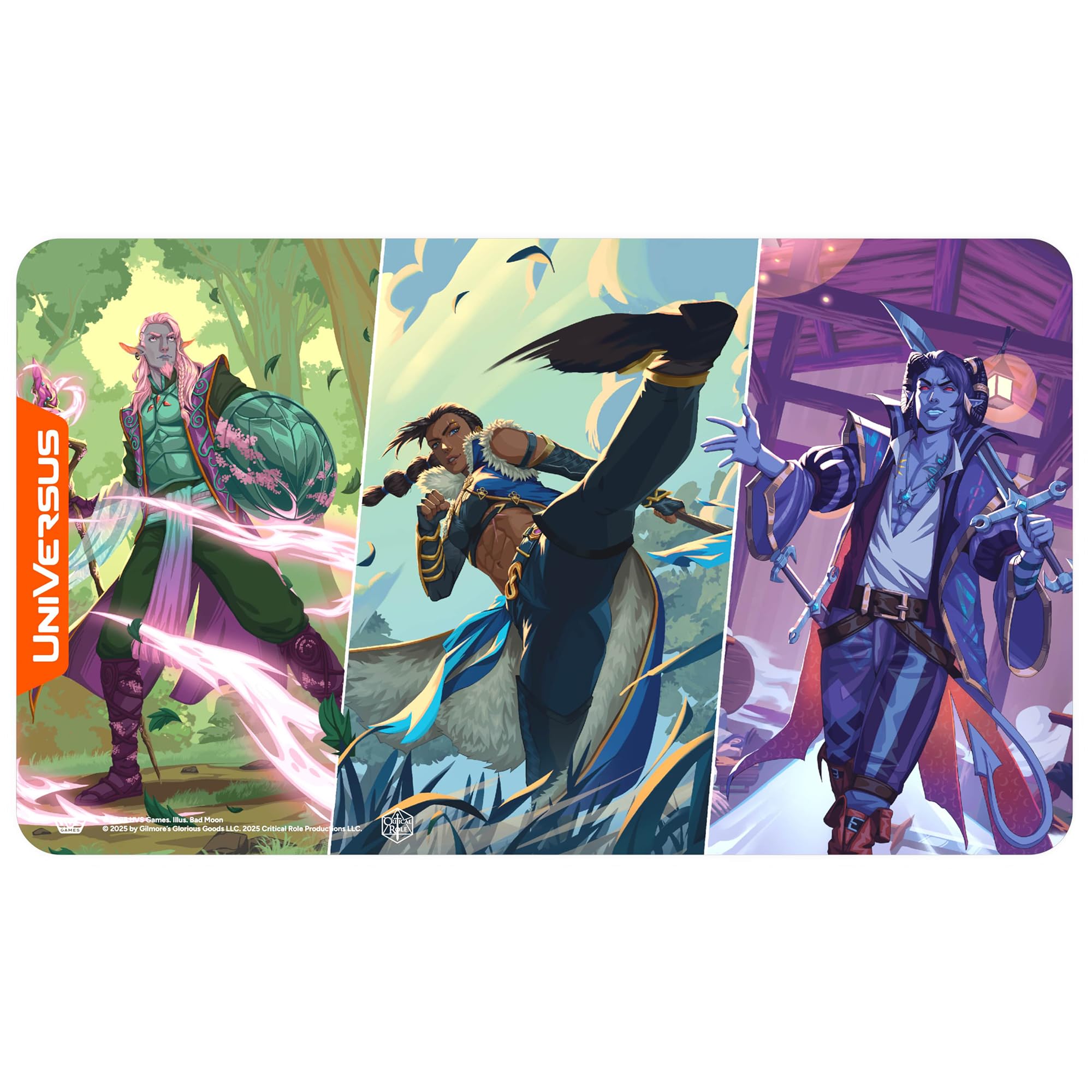 Three Critical Role fantasy characters: an elf casting magic, a warrior kicking, and a tiefling with daggers
