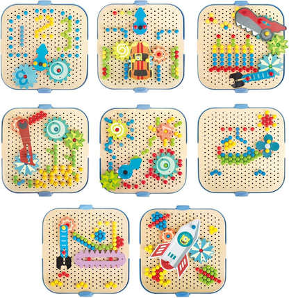 Set of nine children's educational pegboards displaying colorful designs made of pegs, movable gears, and wooden shapes