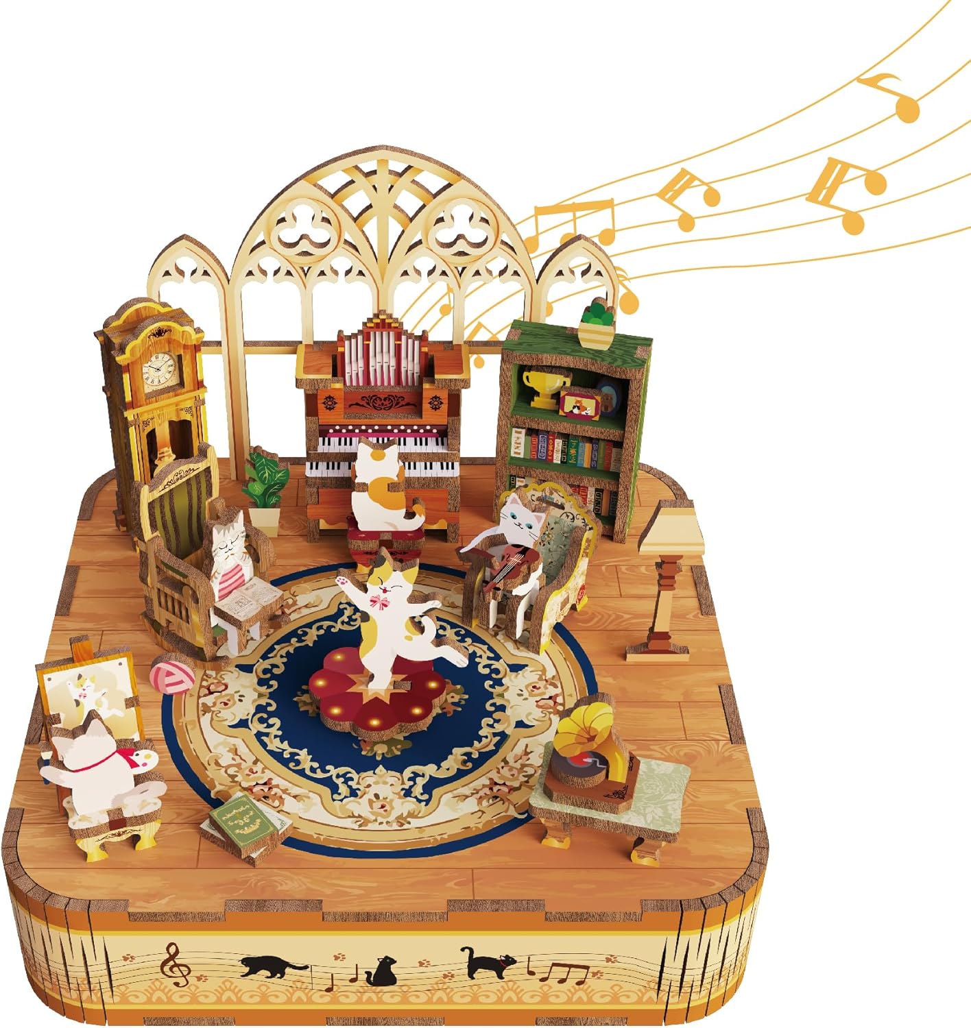 Wooden miniature diorama of anthropomorphic cats playing music, dancing, and painting in a furnished room