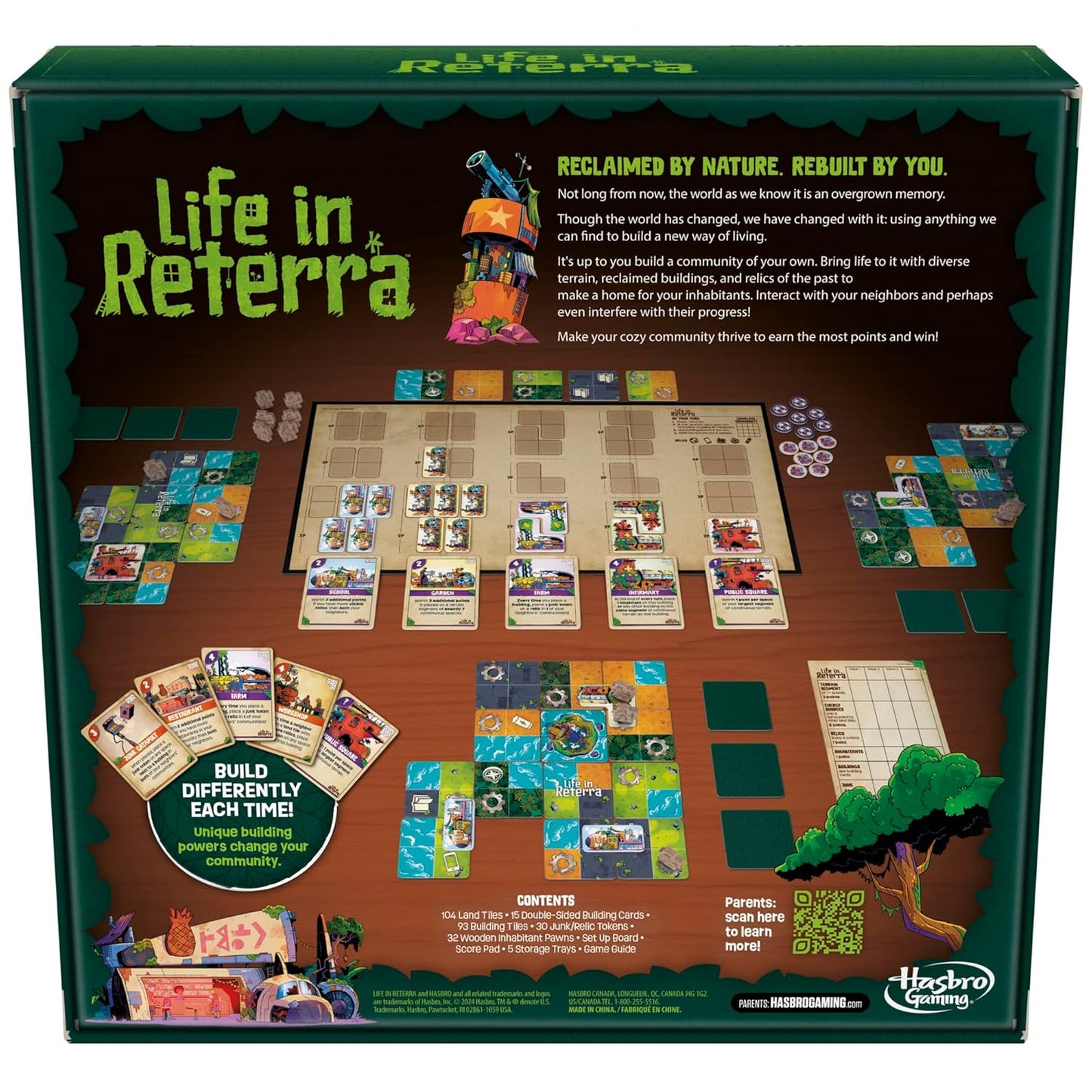 Back of the "Life in Reterra" board game box, displaying the game board layout, colorful tiles, cards, and text