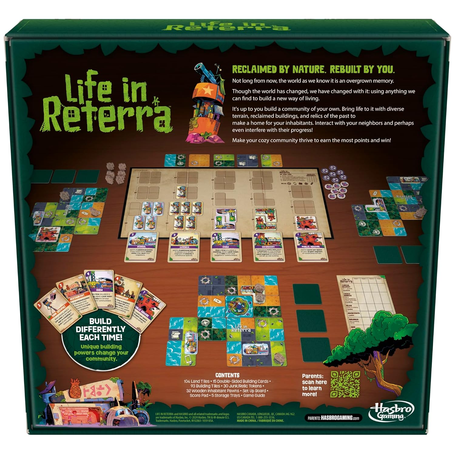 Back of the "Life in Reterra" board game box, displaying the game board layout, colorful tiles, cards, and text