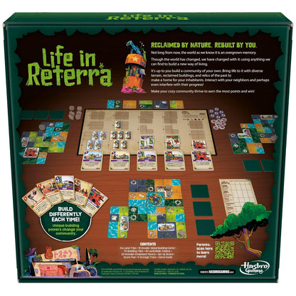 Back of the "Life in Reterra" board game box, displaying the game board layout, colorful tiles, cards, and text
