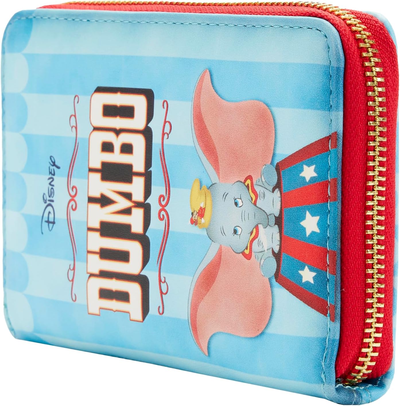 Disney Dumbo zippered wallet with blue stripes. Dumbo the elephant stands on a red and blue circus pedestal