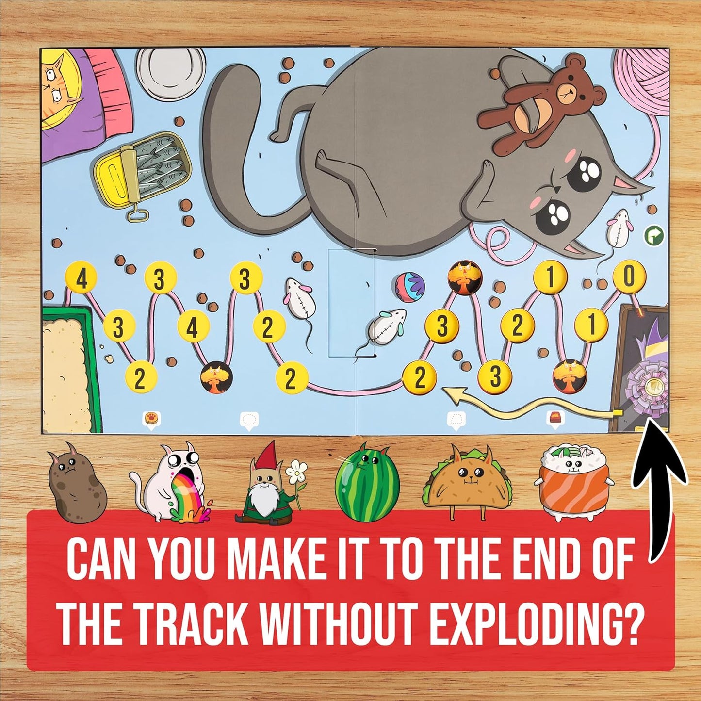 Exploding Kittens game board featuring a track with numbered steps, bomb icons, and quirky character tokens