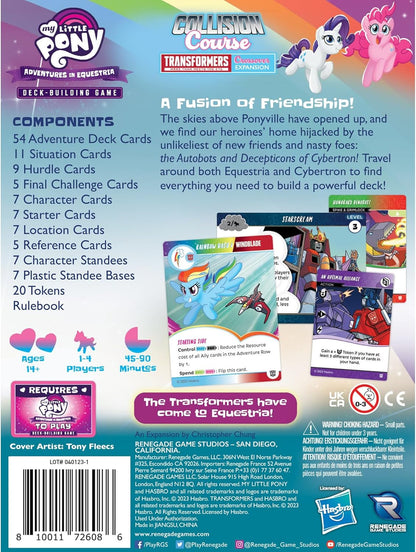 MLP/Transformers "Collision Course" game expansion box back showing Rarity, Pinkie Pie, and game cards like Starscream