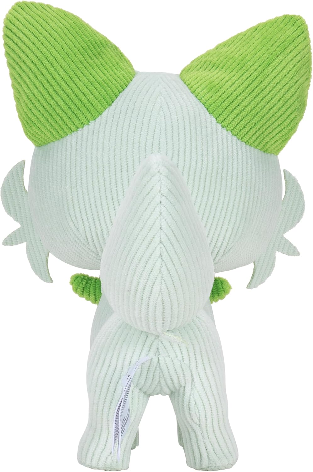 Rear view of a mint green corduroy Sprigatito plush with bright green ears and leaf details