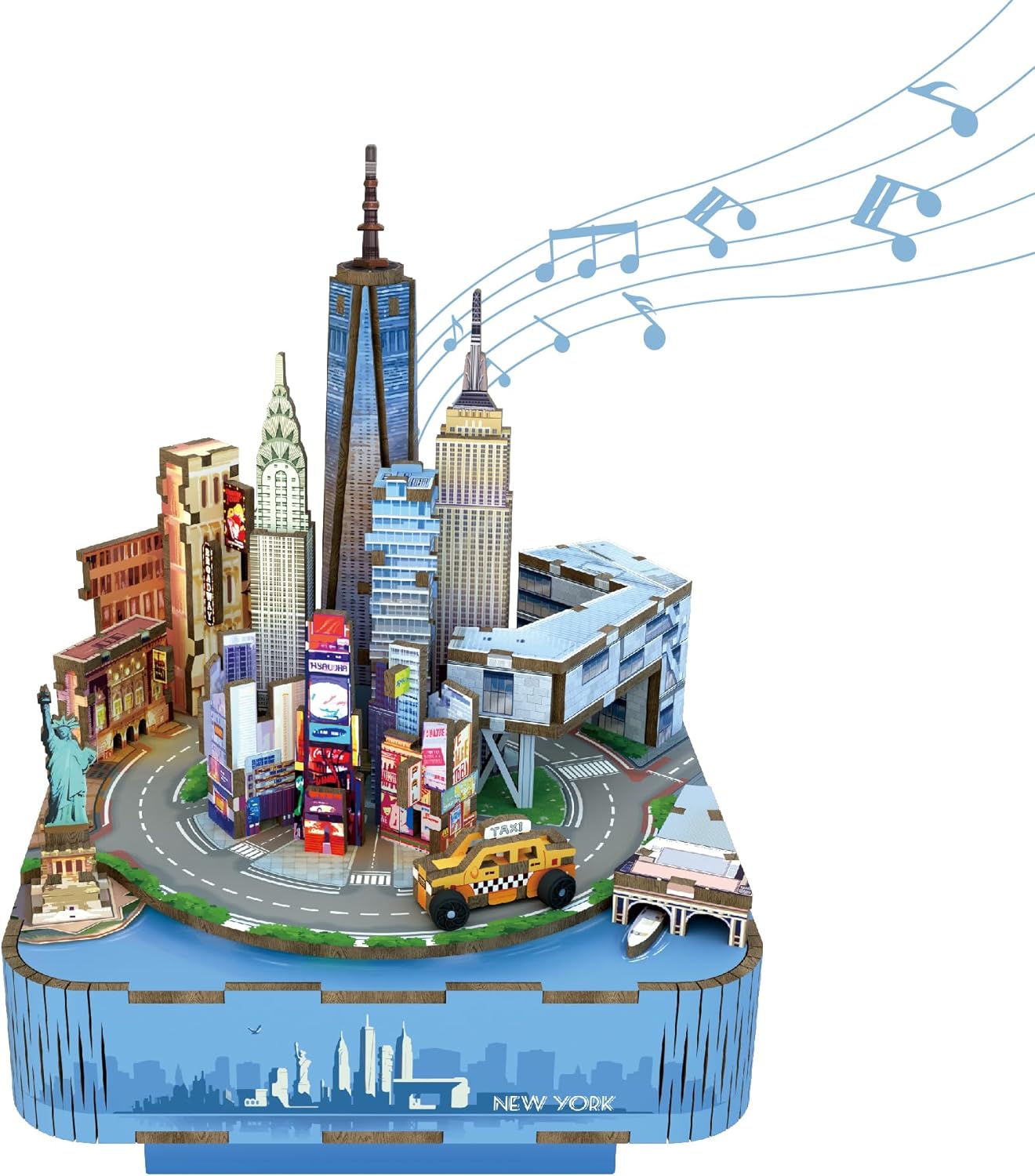 Musical 3D puzzle model of the NYC skyline, featuring iconic skyscrapers, the Statue of Liberty, and floating notes