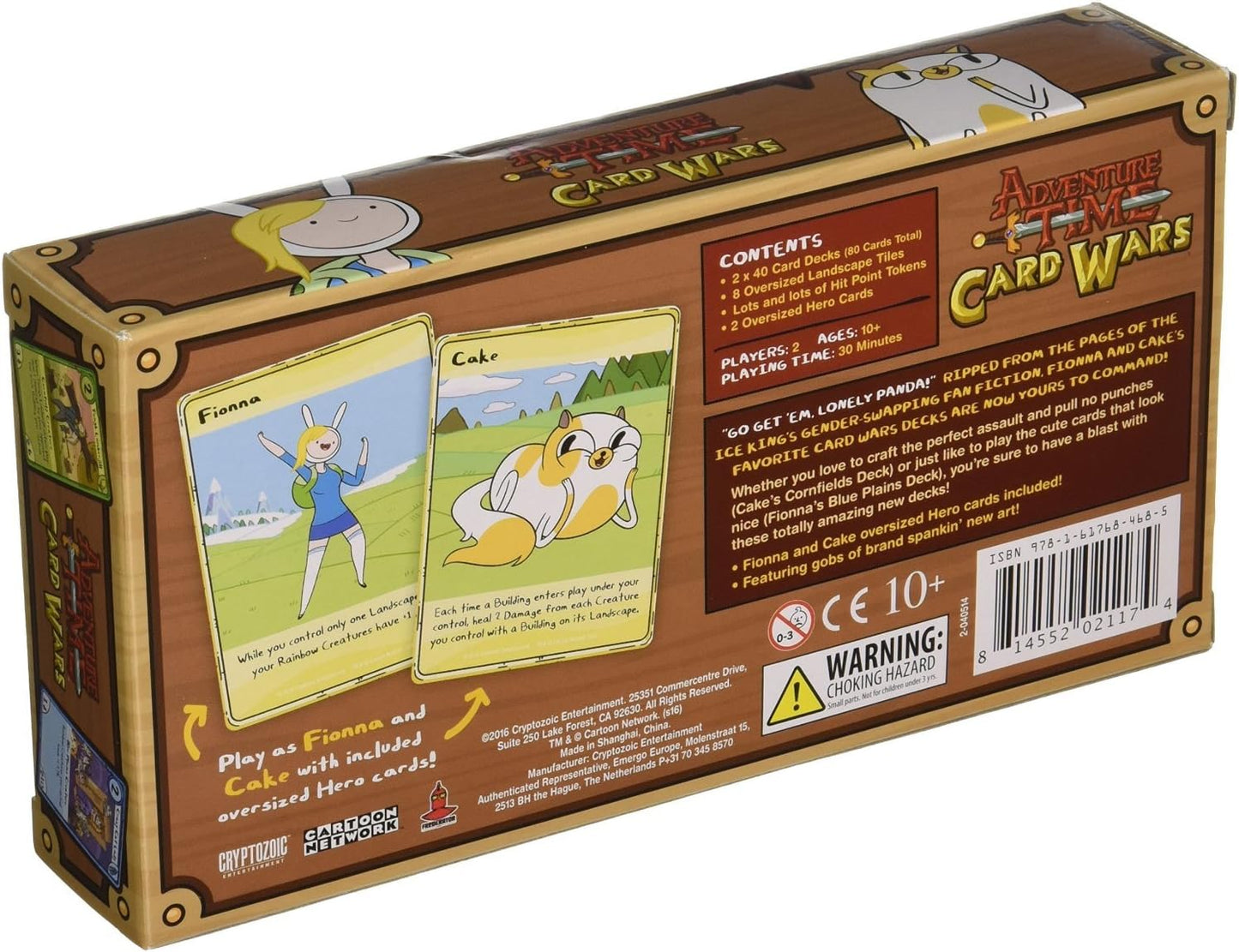 Back of the Adventure Time Card Wars deck box, showing illustrations of Fionna and Cake cards and game details