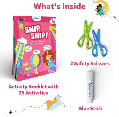 Skillmatics activity kit: "Snip Snip!" booklet, green and blue safety scissors, and a glue stick