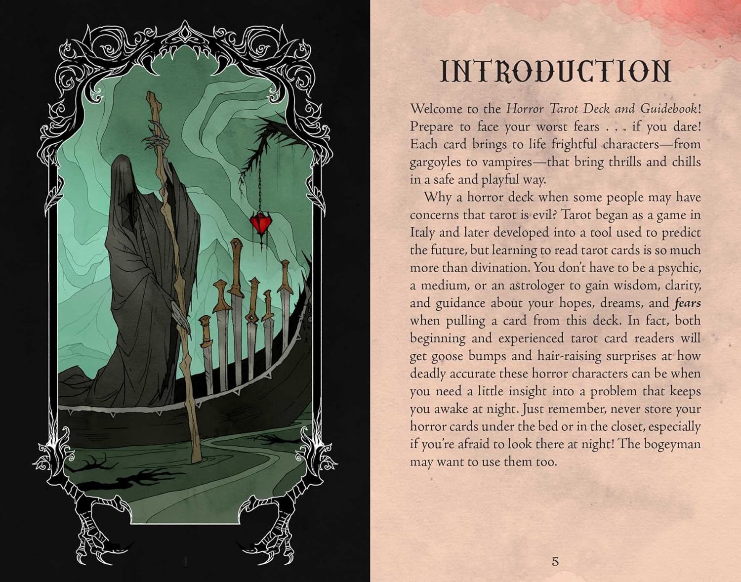 Book page: dark gothic tarot art of a hooded figure, staff, and swords in a boat, next to Introduction text